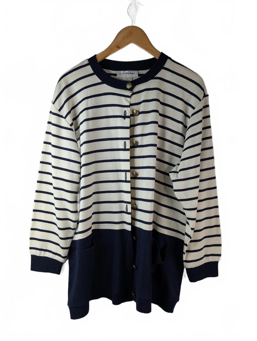 VTG C.D. Daniels Ivory/Navy Blue Striped Knit Cardigan with Golden Buttons 3X